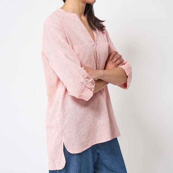 NEW PINKISH RED LINEN BLEND SHIRT MANDARIN COLLAR FRENCH SLEEVE SZ EU 42 US 10 - Picture 1 of 3